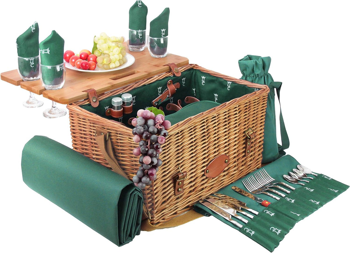 Les Jardins de la Comtesse - Groene Picknickmand Saint-Honoré - Lederen riemen - 4 personen - Met opvouwbare tafel in bamboe - Porseleinen borden en glazen wijnglazen - 45 x 28 x 28 cm