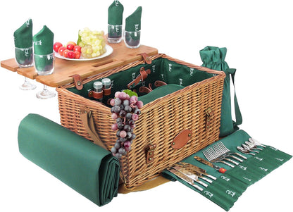 Les Jardins de la Comtesse - Groene Picknickmand Saint-Honoré - Lederen riemen - 4 personen - Met opvouwbare tafel in bamboe - Porseleinen borden en glazen wijnglazen - 45 x 28 x 28 cm