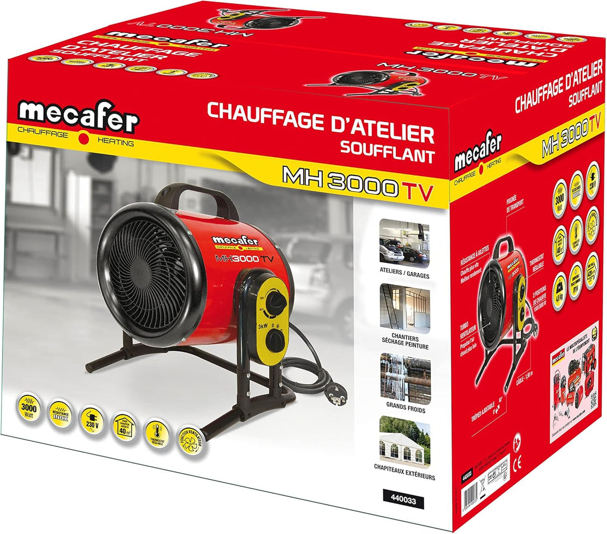 Ventilatorkachel 3000 W Voor Max. 40 M² – Werkplaatskachel – Werkplaatsverwarming – Heteluchtkachel – Bouwkachel – 2 Warmtestanden – Draaibaar Van 0 Tot 60°