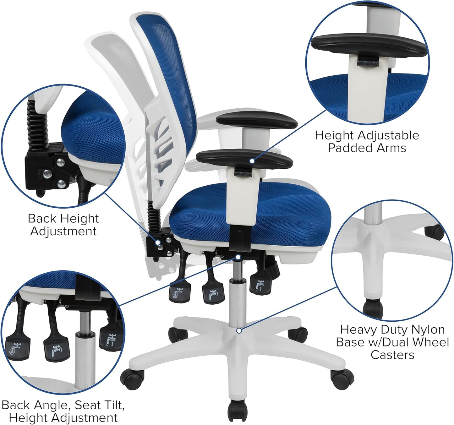 Bureaustoel – Office Chair – Computerstoel – Gamestoel – Kantoorstoel – Ergonomisch Mesh Rugleuning – Verstelbare Armleuningen met Wit Nylon Frame