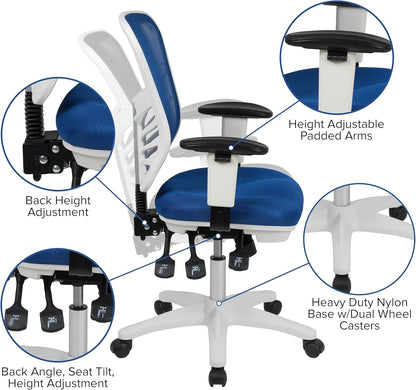 Bureaustoel – Office Chair – Computerstoel – Gamestoel – Kantoorstoel – Ergonomisch Mesh Rugleuning – Verstelbare Armleuningen met Wit Nylon Frame