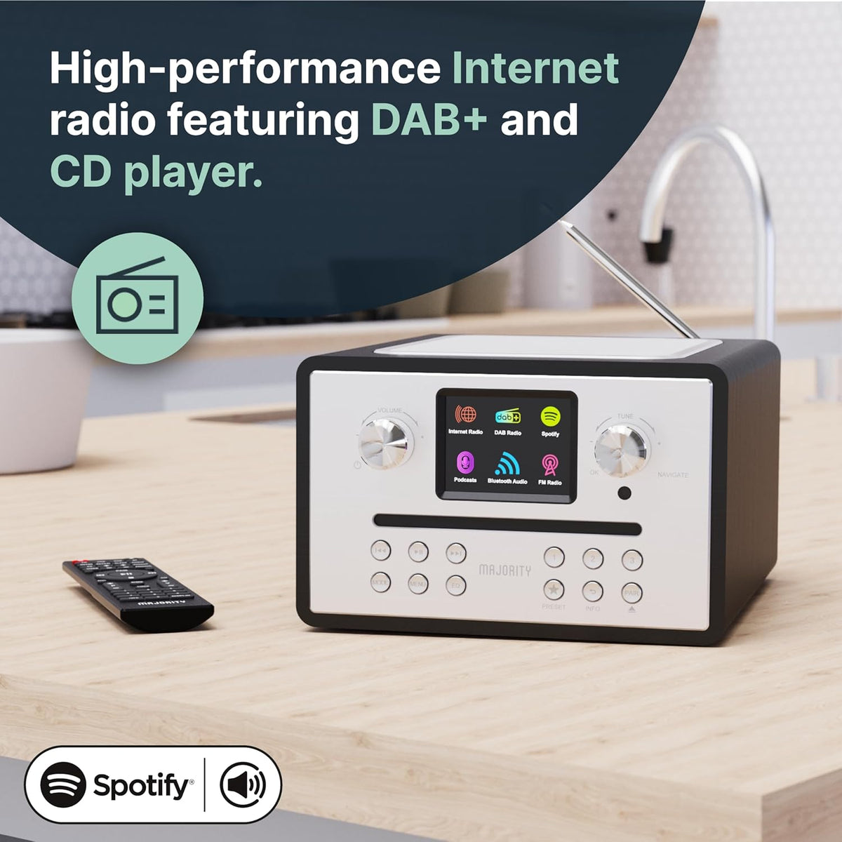 MAJORITY Homerton 2 Smart Internet, DAB, FM-radio en cd-speler, 40 radiovoorinstellingen, Bluetooth en universele plug-and-play, Spotify & Podcasts, USB-weergave, dubbel alarm (Black)