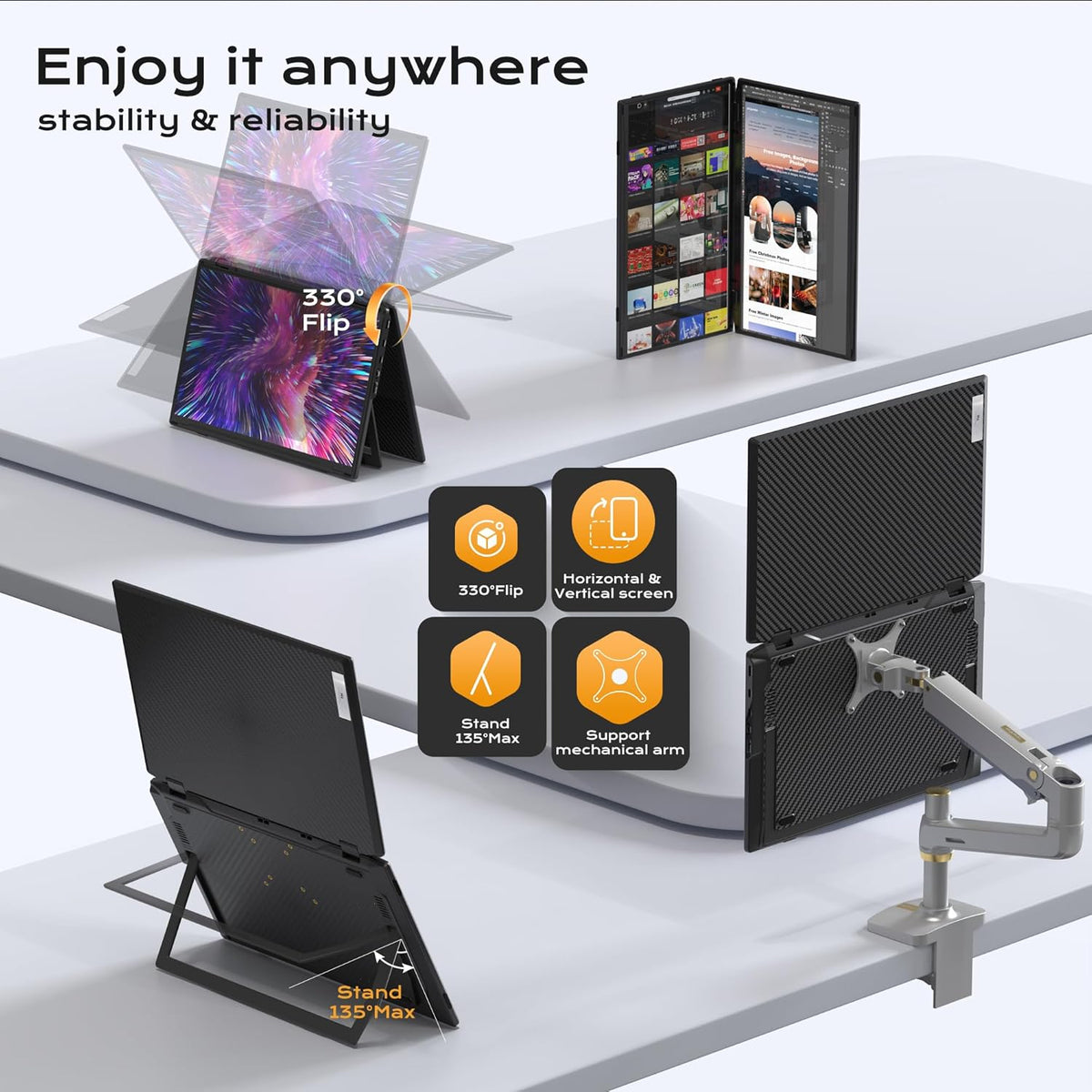 Draagbare Monitor – Portable Scherm – Mobiele Monitor – Extern Scherm – Laptop Display – 15.6 Inch Full HD IPS – 360° Draaibaar & Kantelbaar - QUORE