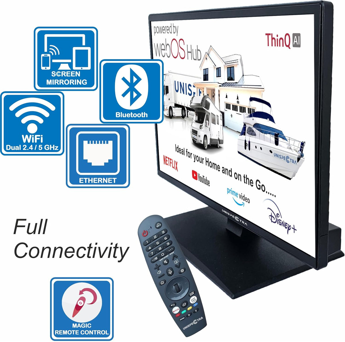 Unispectra® 22“ Smart TV (webOS) FHD 230V 24V Triple Tuner: Sat, Antenne, Kabel TV, 3xHDMI, 2xUSB, Magic Remote. 12V TV voor campers, caravans, vrachtwagens, bestelwagens, boten, thuis