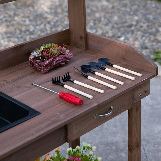 Oppottafel - Tuinwerktafel - Plantentafel -Tuinwerkbankje - met Schuiflade - 2 Niveaus - Bloementafel - voor Tuin - Sparrenhout - 92 x 45 x 119 cm - Bruin