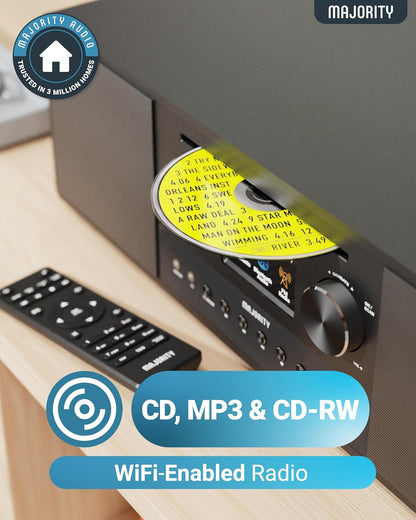 Internetradio met WLAN en CD-speler | Stereo-installatie met Bluetooth en DAB+ & FM radio | 120W 2.1 stereoluidspreker met ingebouwde subwoofer | Keukenradio met Spotify Connect & podcasts | Majority