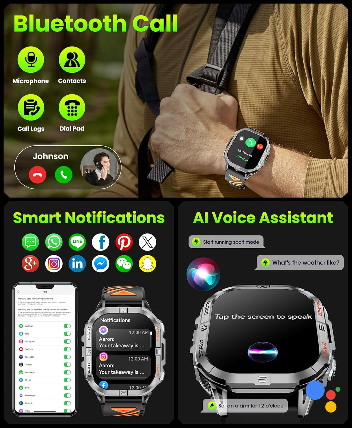 Militair smartwatch voor heren, robuust GPS-horloge met LED-zaklampkompas, 2,15 inch AMOLED slimme horloges (oproepen beantwoorden/bellen), 3ATM waterdichte fitnesstracker met hartslag/slaap voor