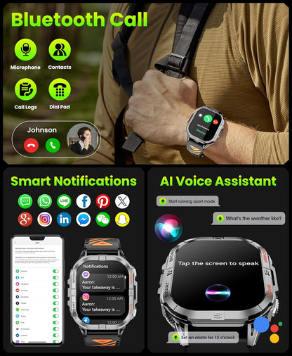 Militair smartwatch voor heren, robuust GPS-horloge met LED-zaklampkompas, 2,15 inch AMOLED slimme horloges (oproepen beantwoorden/bellen), 3ATM waterdichte fitnesstracker met hartslag/slaap voor