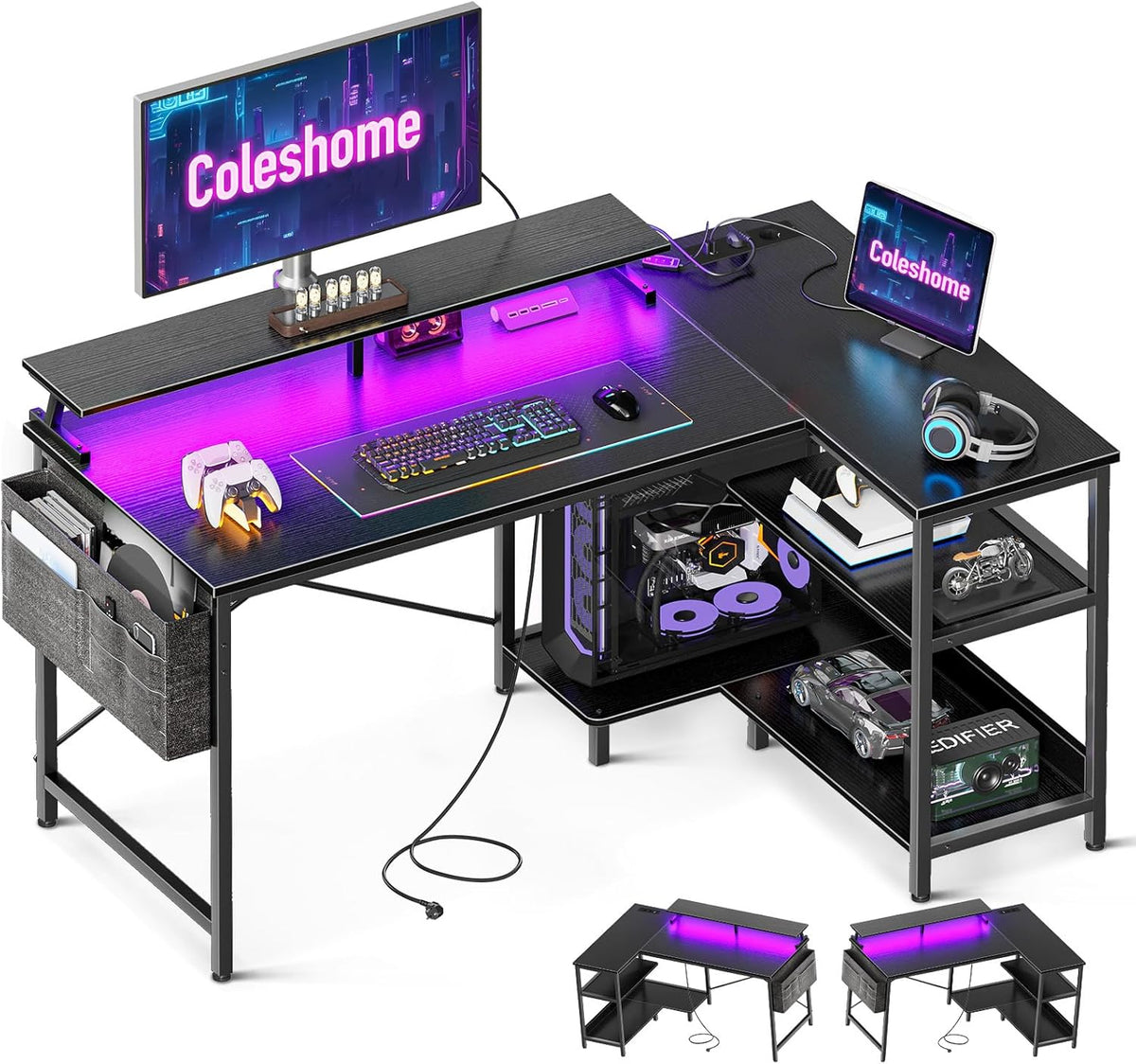 Coleshome Gaming Bureau L vorm met LED & Stopcontacten, 120x80cm Hoekbureau met Legplank Omkeerbaar & Monitorstandaard Hoekbureau voor Kantoorstudie, Zwart