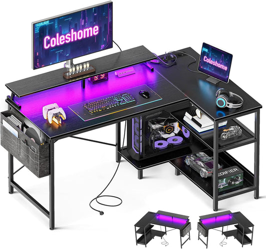 Coleshome Gaming Bureau L vorm met LED & Stopcontacten, 120x80cm Hoekbureau met Legplank Omkeerbaar & Monitorstandaard Hoekbureau voor Kantoorstudie, Zwart