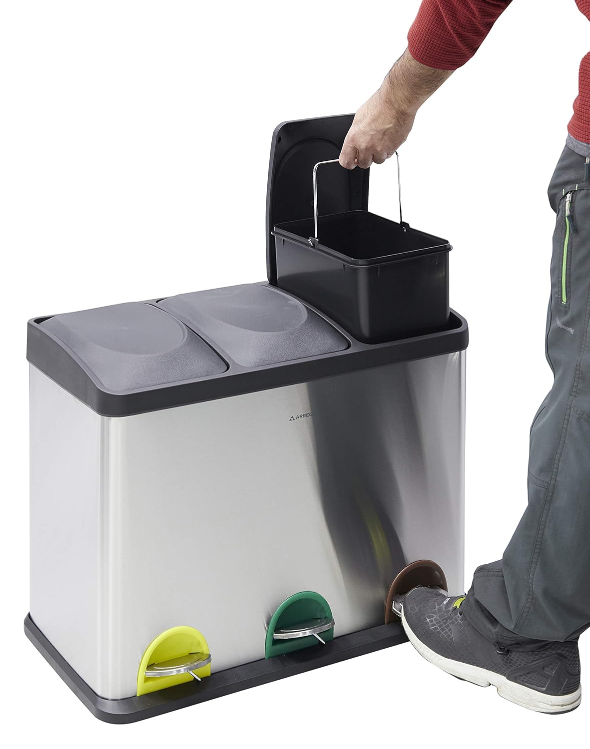 ARREGUI Step Bin CR705-45L Stalen Afval- en Recyclingbak met Pedaal | 3x15L (45L) | Keukenafvalbakken | Recycleeremmer voor Huis en Kantoor
