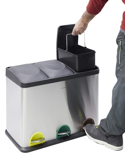 ARREGUI Step Bin CR705-45L Stalen Afval- en Recyclingbak met Pedaal | 3x15L (45L) | Keukenafvalbakken | Recycleeremmer voor Huis en Kantoor