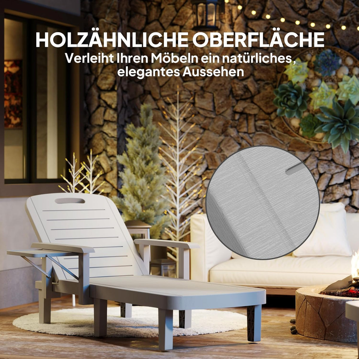 Outsunny Sonnenliege Gartenliege mit Seitentisch Holzoptik Liegestuhl mit 5-Fach verstellbare Rückenlehne, wetterfeste Campingliege, Gartenstuhl bis 120 kg load, für Garten Outdoor Strand, Hellgrau