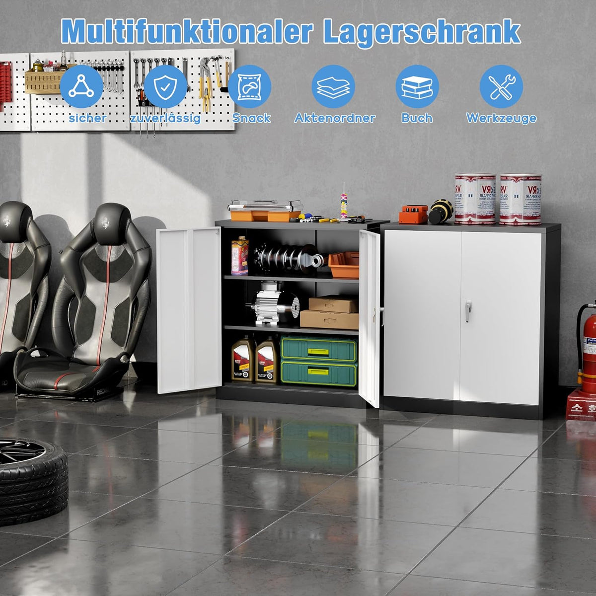 90 cm H Archiefkast, metalen kast met 2 in hoogte verstelbare legplanken, plaatstaal met poedercoating, stalen kast voor gereedschap, garage (zwart/wit)