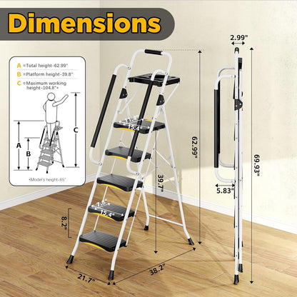 5-traps ladder met gereedschapsbak, opvouwbare stalen opstapkruk met veiligheidsslot en leuning, brede antislip pedalen, 150 kg draagkracht, draagbare ladder voor keuken, kantoor, thuis
