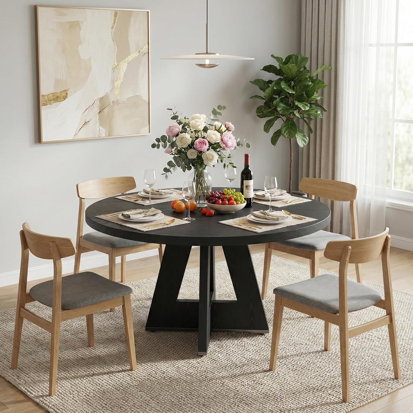 Lailang 120cm Eettafel, Ronde Eetkamertafel, Industrial Dining Table, Houten Eettafel, Dining Table for 4, Modern Eetkamertafel, 120 x 120 x 75 cm, Black
