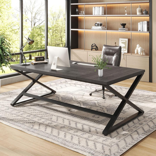 IBF Groot bureau, lange computertafel, industriële kwaliteit, voor thuis, kantoor, bureau voor slaapkamer, hout, metaal, computer, gaming, werkstation, computertafel, donkergrijs eiken