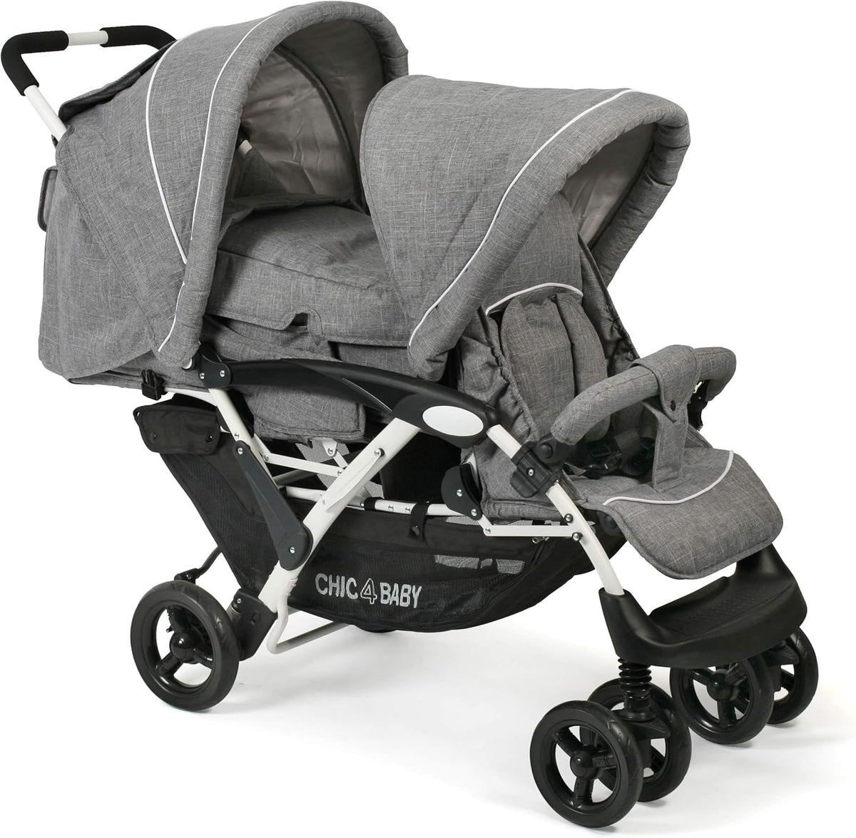 CHIC 4 BABY - Duo broers en zussen met draagtas en regenbescherming, broers en zussen kinderwagen voor twee kinderen, tweelingwagen, twinningsbuggy, tandembuggy, kinderwagen, jeans grijs