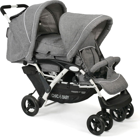 CHIC 4 BABY - Duo broers en zussen met draagtas en regenbescherming, broers en zussen kinderwagen voor twee kinderen, tweelingwagen, twinningsbuggy, tandembuggy, kinderwagen, jeans grijs