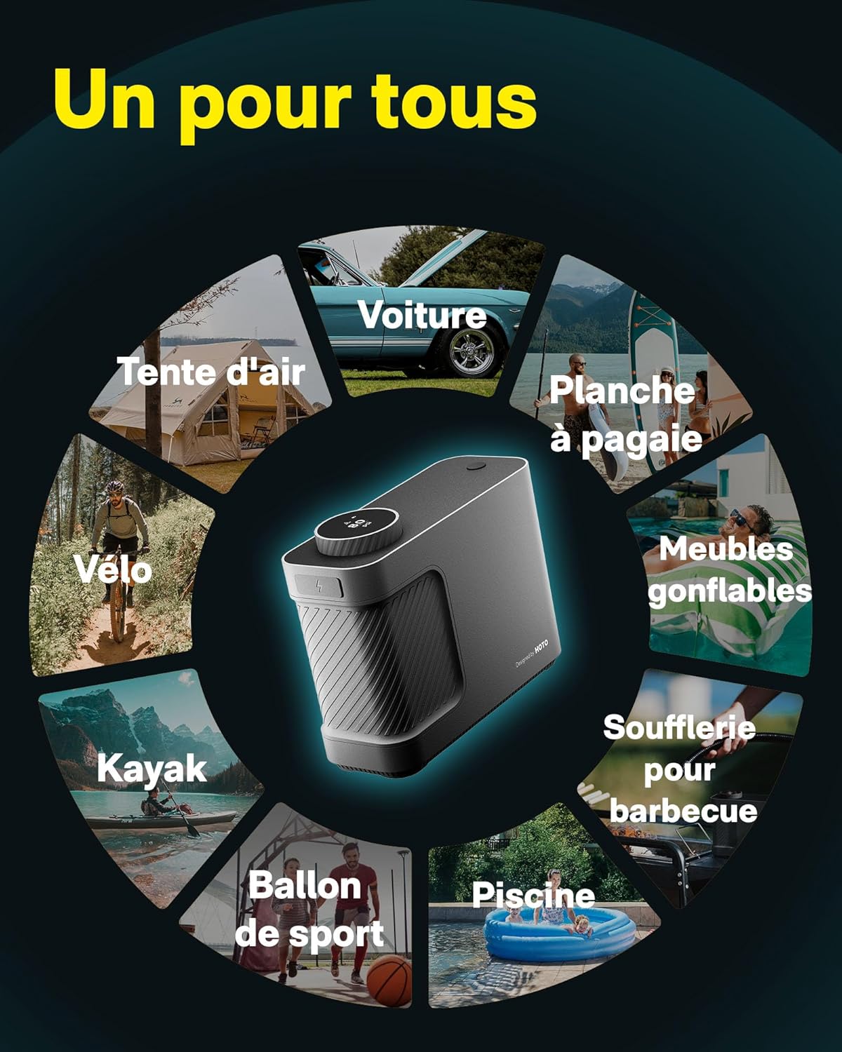HOTO Elektrische luchtpomp Master, draadloze draagbare bandenpomp voor auto en fiets, 9 modi, dual power voor SUP, kajak, luchtmatras, tent en zwembadaccessoires