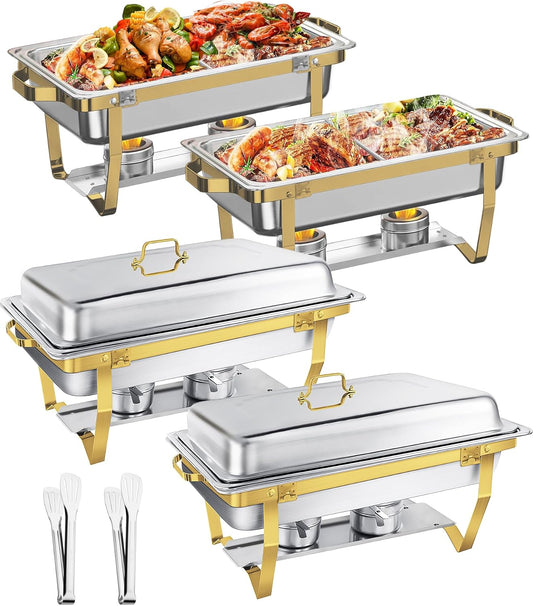 Chafing Dish Buffet Set 9L [Elegant Goud en Zilver], 4-Pack Gouden Chafing Dishes voor Buffet [Afgeronde Rand Design], RVS Voedselwarmer voor Catering Buffet en Alle Feesten