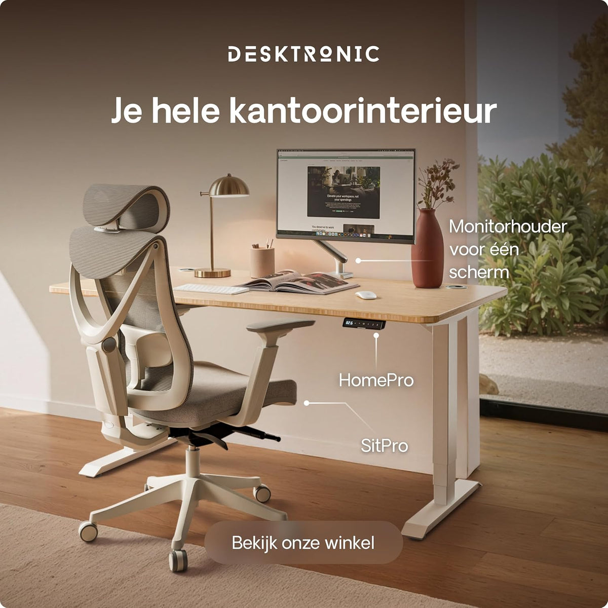 Desktronic HomePro Desk - Height Adjustable 120 x 60 cm - Fast Twin-Motor Sit-Stand Desk - Very Stable Electric Standing Desk - Made of One Piece Bamboo Table Top - Touch Screen Control - QUORE