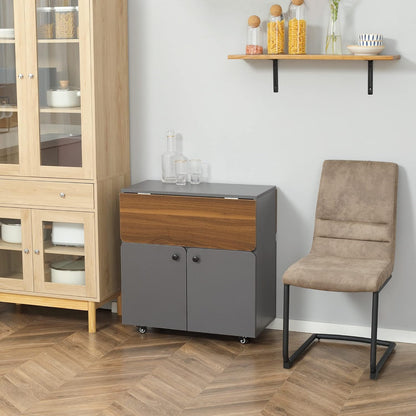 HOMCOM Dining Table Folding Table with Wheels Kitchen Table with Two Folding Table Tops Dining Room Table Sideboard with Storage for Living Room Kitchen Chipboard Light Grey+Dark Brown 70 x 83 x 75 cm - QUORE