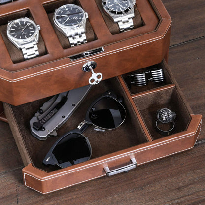 Horlogedoos – Horlogebox – Horloge Opbergdoos – Watch Box – Sieradendoos – 6 Vakken – Massief Hout Met Leerafwerking – Glazen Deksel Met Valet Lade