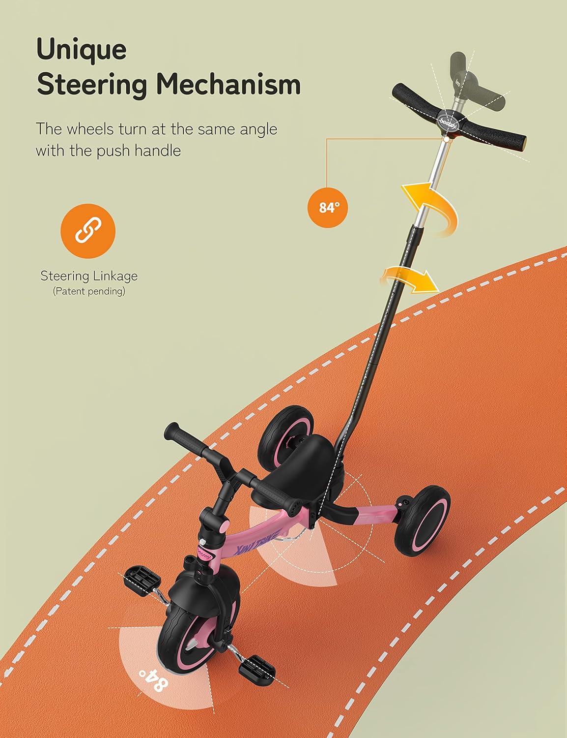 besrey 7-in-1 driewieler voor peuters met stuurgreep, voor 1-5 jaar, opvouwbare wielen, peuterfiets met wielkoppeling, grotere wielen, afneembare pedalen, in hoogte verstelbare zitting, roze