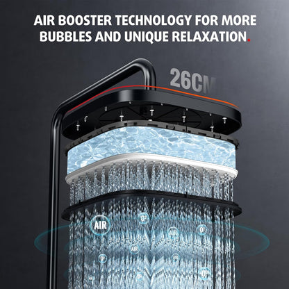 Douche Systeem – Thermostaat Douche Set – Regendouche – Handdouche – Douchekraan – Glazen Plank – Mat Zwart – In Hoogte Verstelbaar – Watervaluitloop
