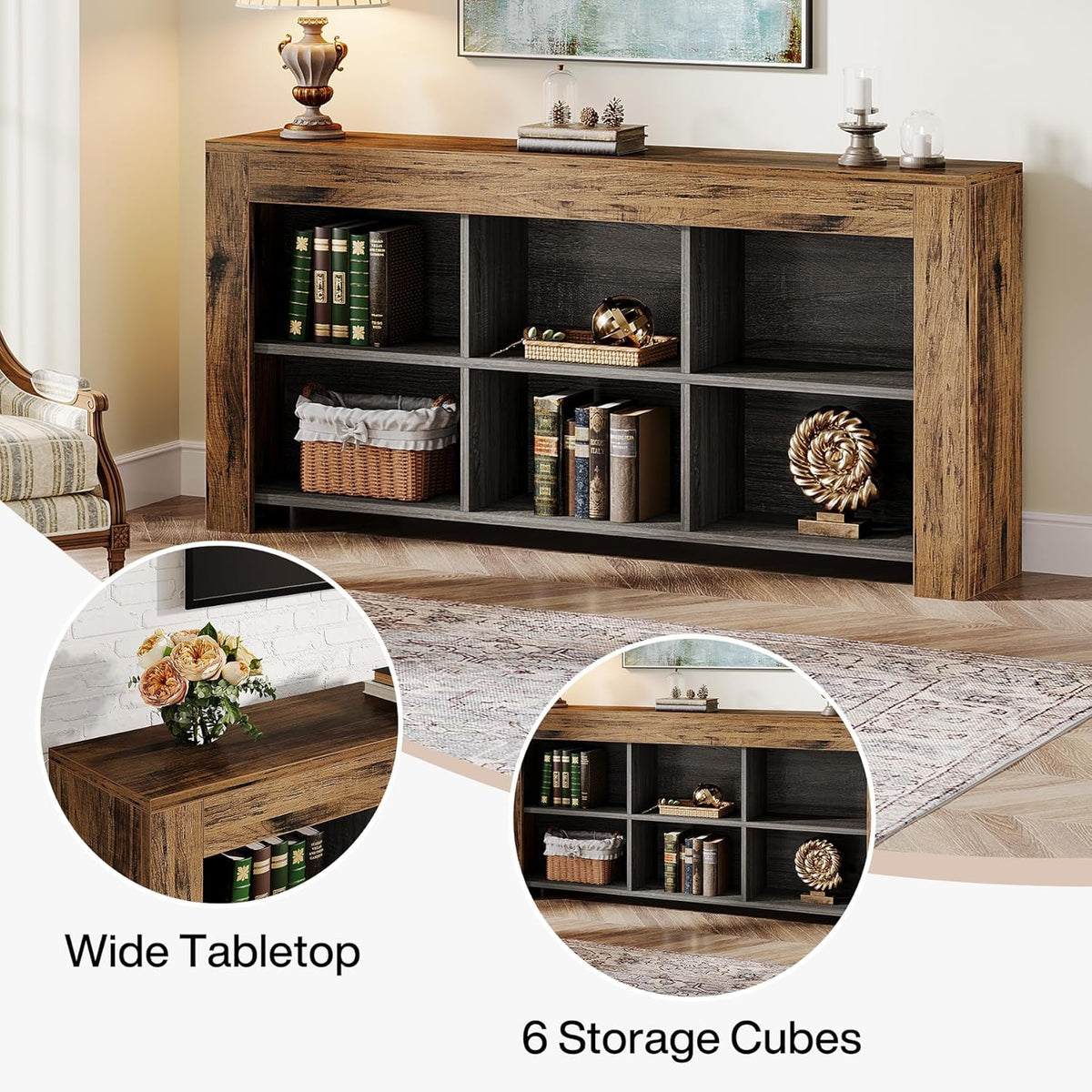 Tribesigns Console Table, 160 x 30 x 80 cm, Side Table, Hallway Table, Rustic Entrance Table Made of Wood, with 6 Storage Cubes for Entrance, Hallway, Living Room, Vintage Brown