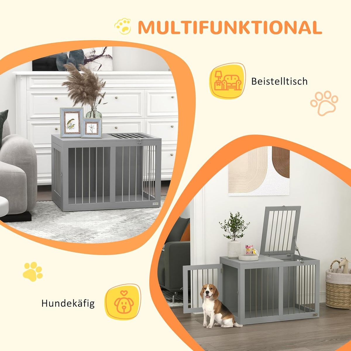 PawHut Hondenkooi, meubel met 2 deuren, staal, hondenbox voor thuis, binnen, hondenhok voor middelgrote honden tot 20 kg, bijzettafel, hondenhuis, 80 x 50 x 56,5 cm, grijs