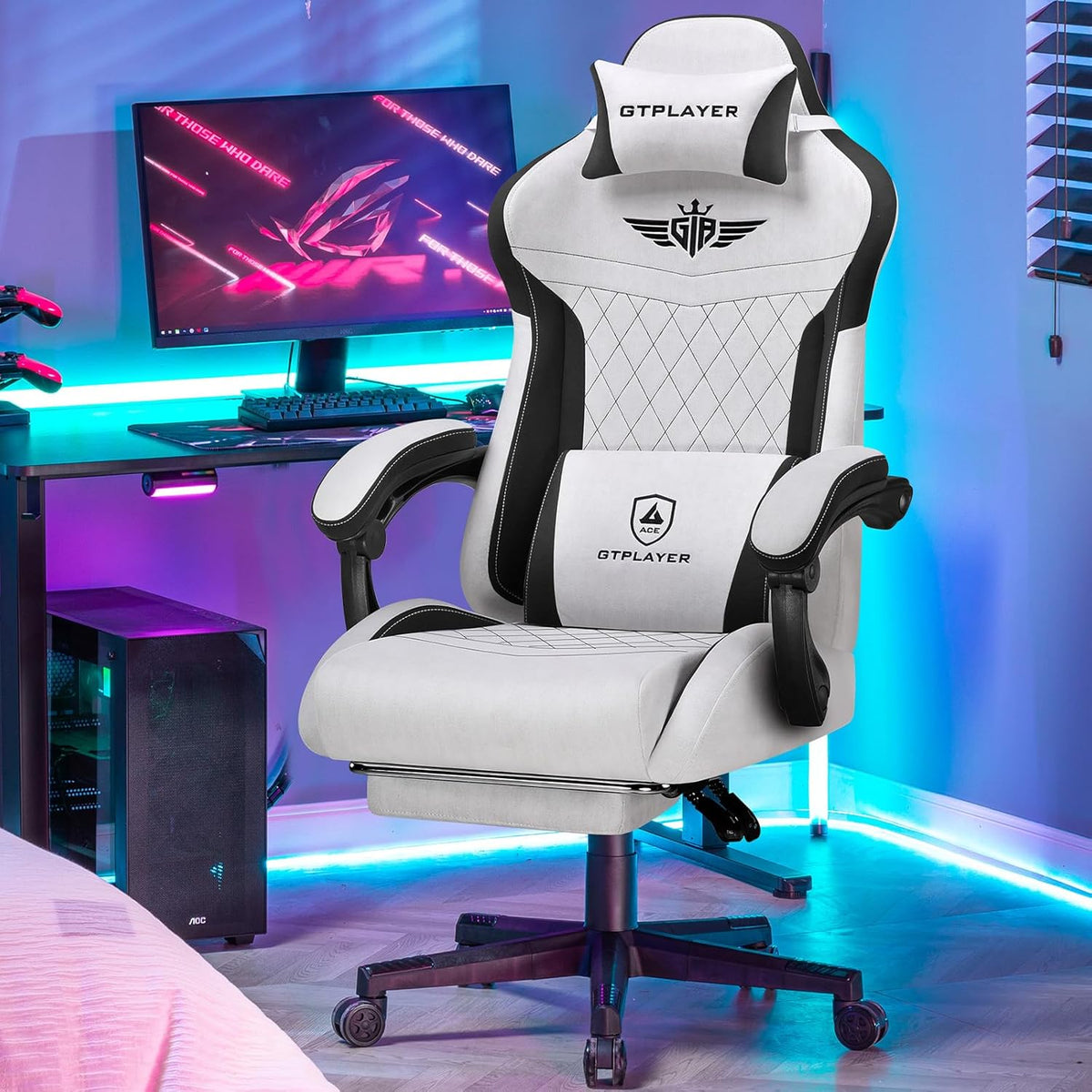 GTPLAYER Ergonomic Gaming Chair, Technical Fabric, with Lumbar Support, Computer Chair with Extended Backrest, Supports up to 150 kg, Grey - QUORE
