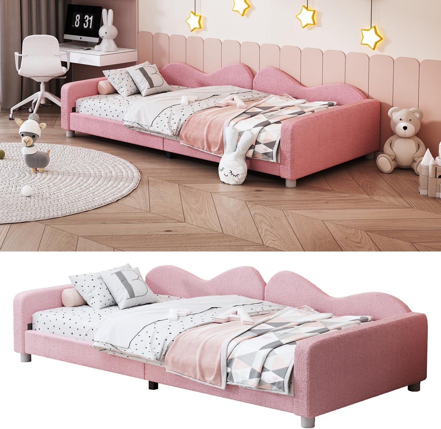 Kinderbedkussen Bed - Slaapbank Frame - Teddy Doek Multifunctionele - Rugleuning Armleuning Zacht Bed - Eugdbed Gastenbed - 90*200 cm - 01 Roze