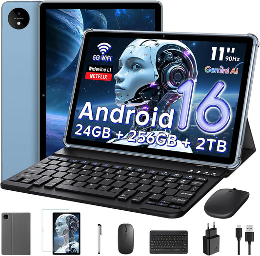 Raemond Android 16 Tablet 11 inch Gemini AI 24 GB RAM + 256 GB ROM (2TB TF), 8000 mAh gaming tablet Unisoc T7250 Octa-Core,BT 5.2, Widevine L1+16MP+8MP tablets pc,5 G-WiFi,GMS/GPS/Face ID/OTG（Blauw）