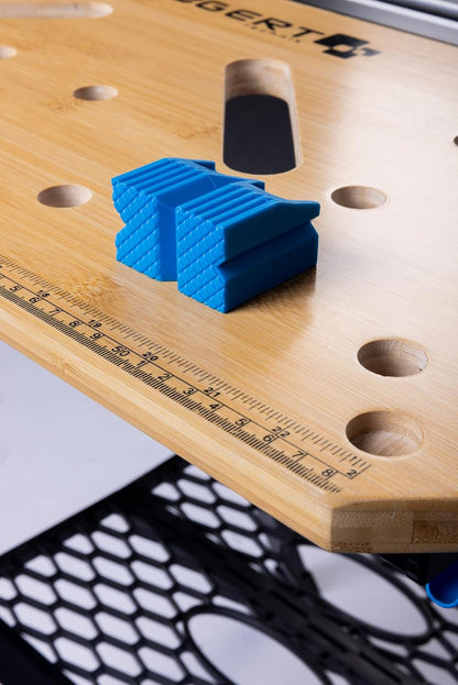 HÖGERT TECHNIK Opvouwbare werkplaatstafel 700 x 650 x 915 mm met bamboeplaat, 5-voudig in hoogte verstelbaar, 450 kg draagkracht, boringen, verbindingsstukken en spanklemmen