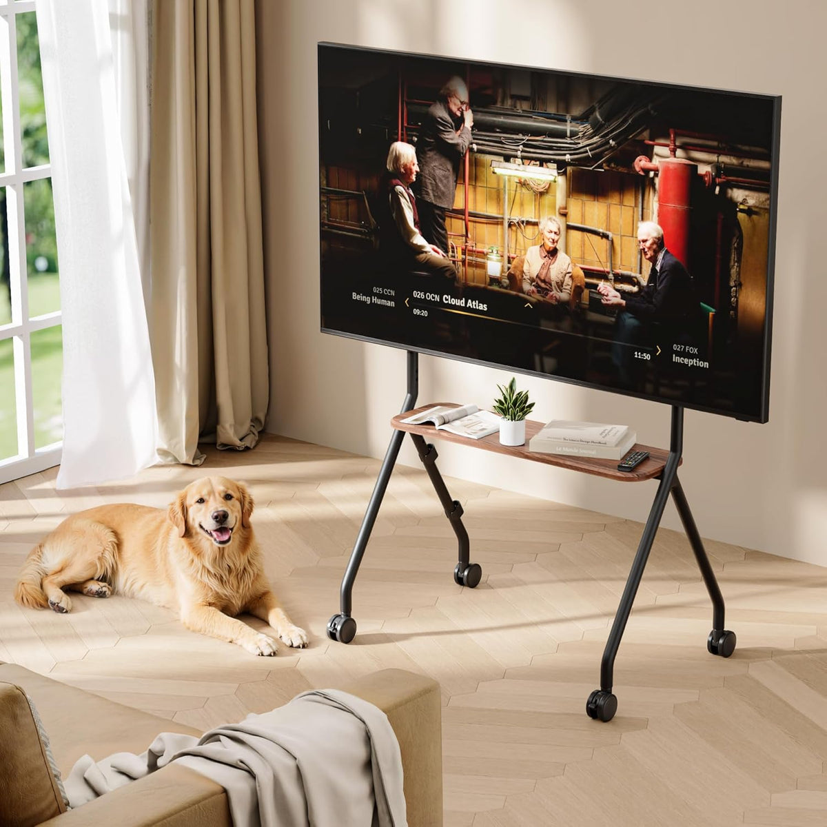 Tv-standaard oprolbaar voor 49-80 inch televisie, 50 kg draagkracht, portret- en landschapsformaat, stabiele mobiele tv-wagen met plank, max. VESA 600x400mm (zwart)