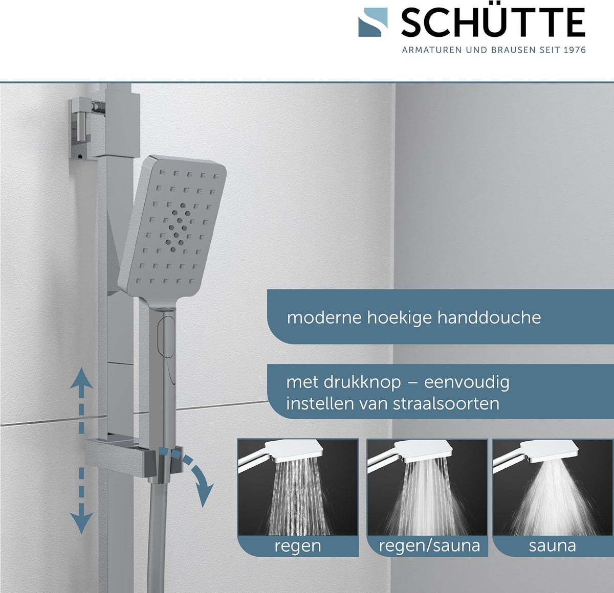 SCHÜTTE Ocean 60531 Douchesysteem met thermostaat en glazen legplank, doucheset met 30 x 30 cm, regendouche met wandhouder en douchekop, chroom/antraciet