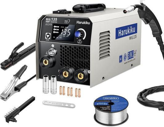 Harukiku135 lasapparaat zonder gas met gevulde draad, 3-in-1 Multiproces Lastoestel (Flux Core MIG/MMA/Lift TIG) met Synchrone Draadaanvoer, Compacte IGBT Inverter voor Professionals & Doe-het-zelvers