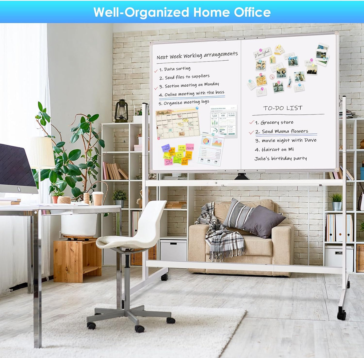 maxtek Rolling whiteboard, 48 x 36 cm, groot magnetisch wit bord met standaard, groot dubbelzijdig wit bord, droog wissen op wielen, voor thuisonderwijs, thuiskantoor, kantoor, school (zilver, 48 x 36