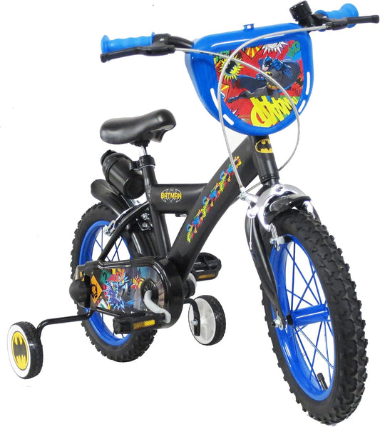 albri Batmanfiets, 16 inch, met zijdelingse stabilisatoren, drinkfles en gepersonaliseerd frontbord, gemaakt in Italië, voor kinderen, zwart