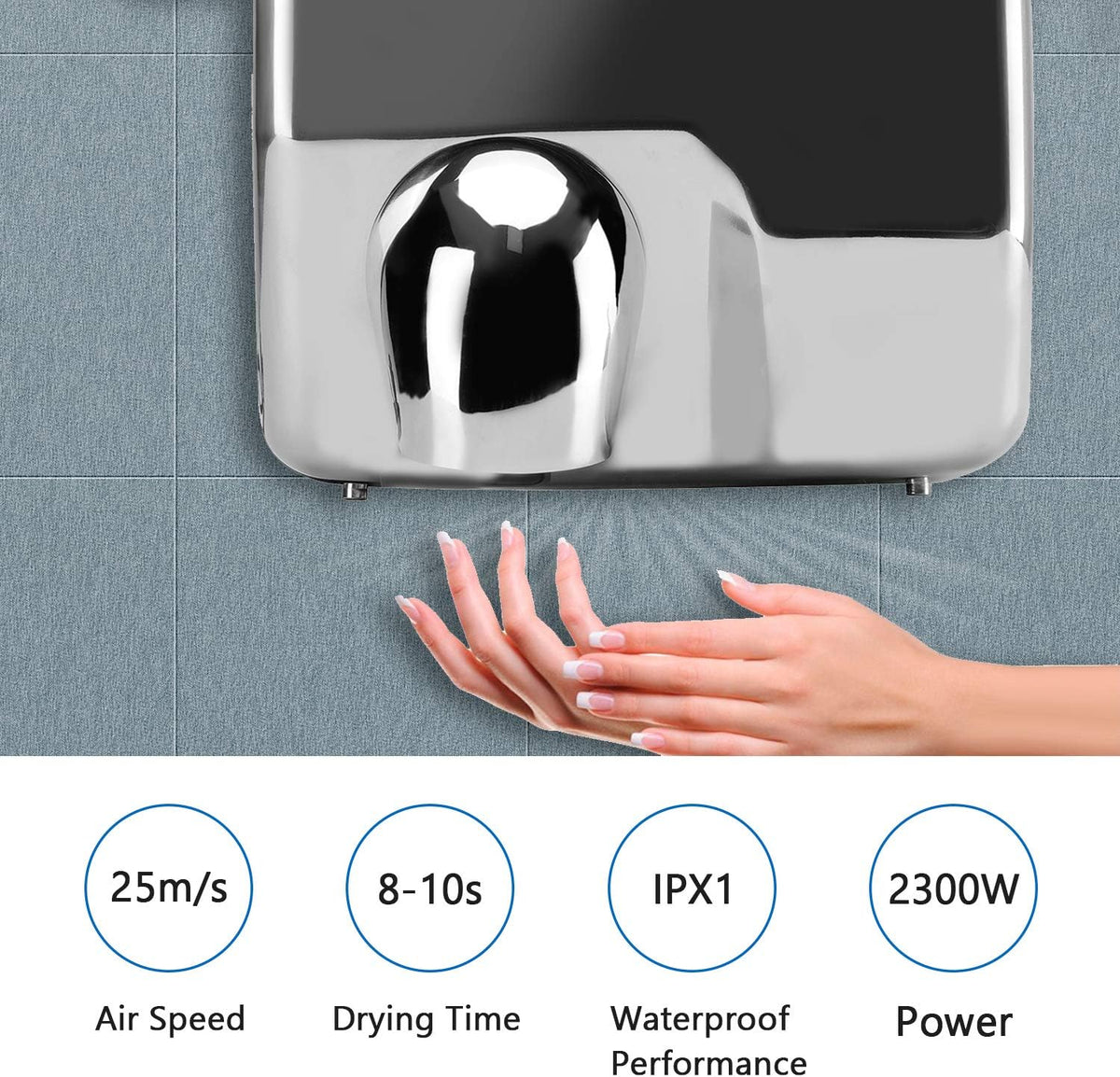 Handdroger, elektrisch, automatisch, hoge snelheid, handdroger, roestvrij staal, 2300 W, wandmontage, 8-10 seconden droog voor commercieel toilet