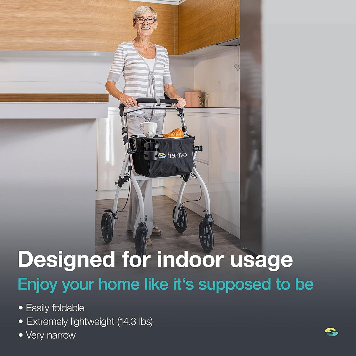 HELAVO slim rollator voor thuis - Lichtgewicht en opvouwbare rollator voor thuis met dienblad