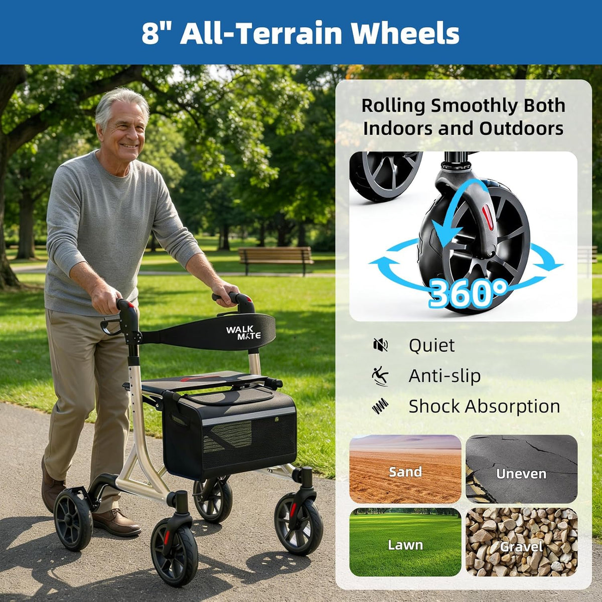 WALK MATE Rollator Lichtgewicht opvouwbare met zitting - Aluminium rollator smal voor woning, hoogteverstelbaar met duwknop, bekerhouder, loophulp voor ouderen (6,7 kg) (Goud)