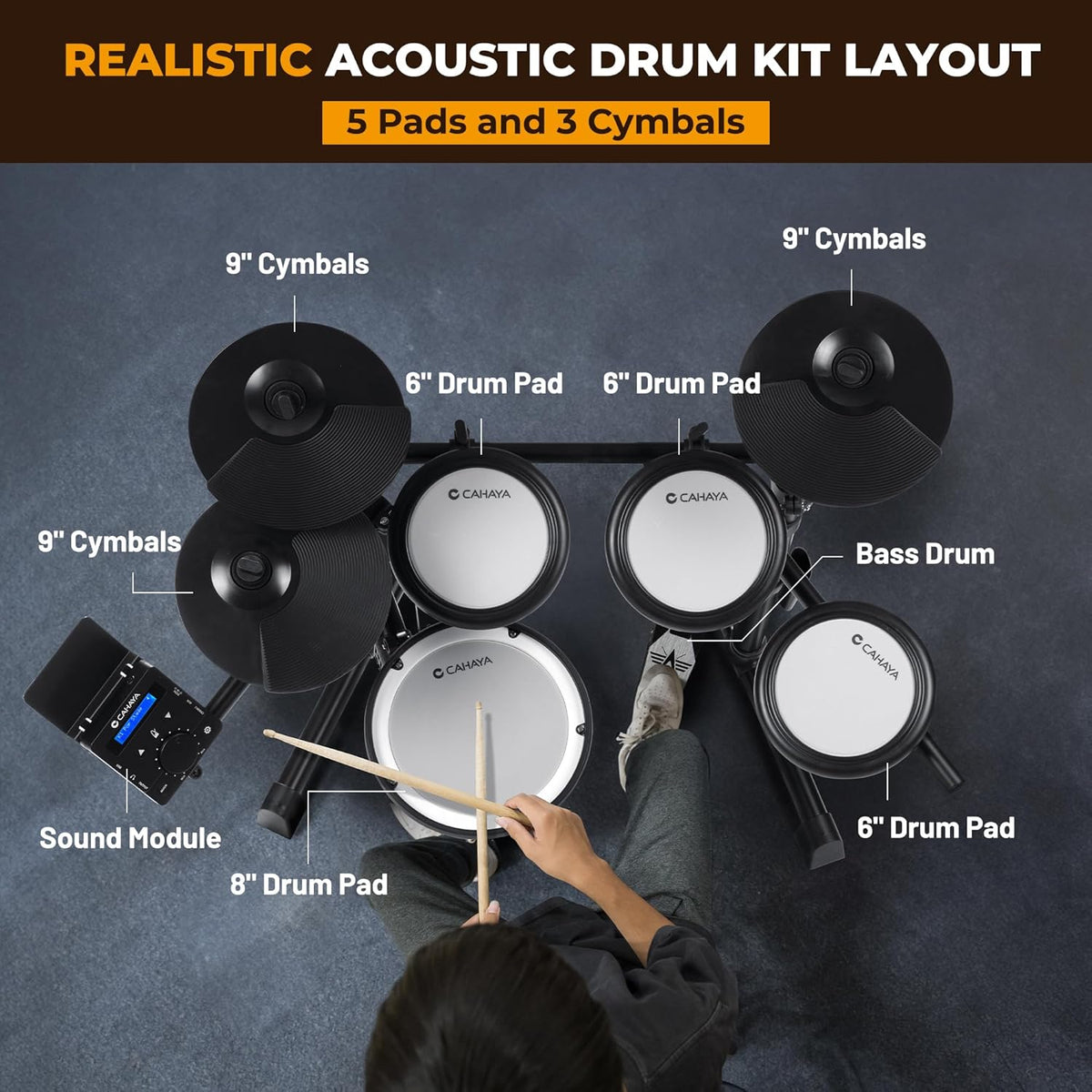 CAHAYA E-drumset met mesh-vacht: Dual Trigger Pads en 350 geluiden – elektronisch drumstel met grote 8 inch snare pad, complete set met drumkruk, hoofdtelefoon, sticks – voor beginners en kinderen