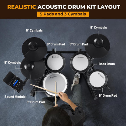 CAHAYA E-drumset met mesh-vacht: Dual Trigger Pads en 350 geluiden – elektronisch drumstel met grote 8 inch snare pad, complete set met drumkruk, hoofdtelefoon, sticks – voor beginners en kinderen