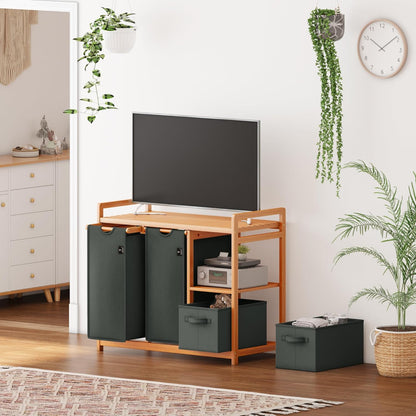 ADEL DREAM Wasmand, 4 vakken, wasverzamelaar, 140 liter, wasboxen met mand, wassorteerder met 2 waszakken en 2 stoffen boxen met plank, waszak, bamboe, wasrek, wasbox, laundry basket, donkergrijs