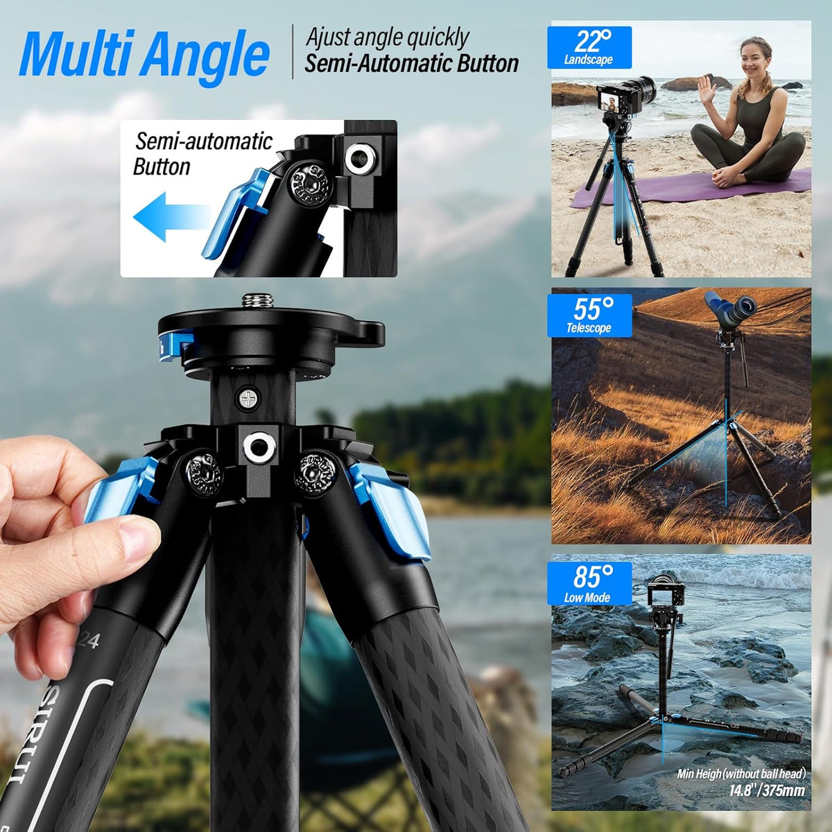 SIRUI AM-124 Koolstofvezel statief met AM-5VX vloeistofkop, 65 inch compact videocamerastatief voor reizen, driehoekige middenkolom, zijlader QR-plaat, waterdicht draaislot, belastingen 3 kg