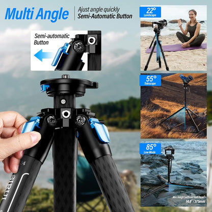 SIRUI AM-124 Koolstofvezel statief met AM-5VX vloeistofkop, 65 inch compact videocamerastatief voor reizen, driehoekige middenkolom, zijlader QR-plaat, waterdicht draaislot, belastingen 3 kg