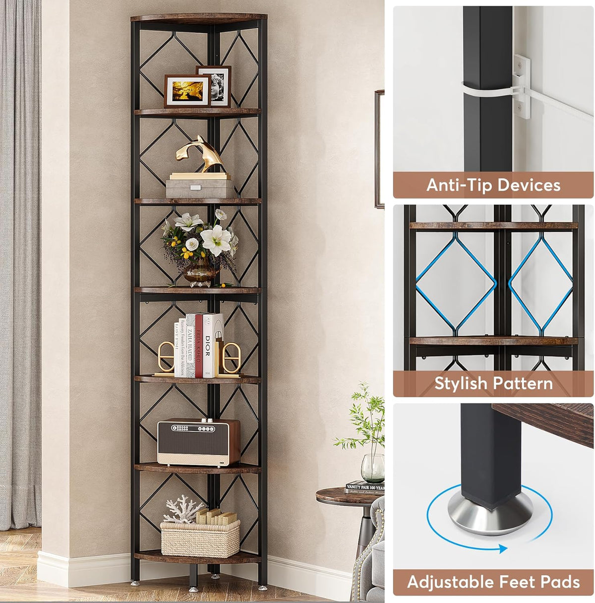 Tribesigns 7 Tier Corner Shelf, 200 cm, Extra High Angle, Industrial Narrow Bookcase for Small Narrow Spaces, Corner Shelf, Wooden Stand, Storage Rack for Living Room, Kitchen, Home Office